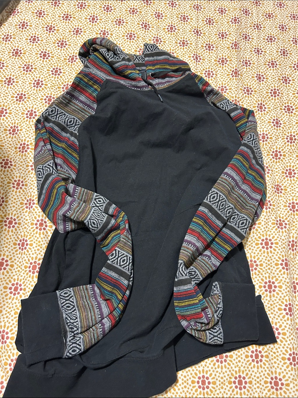 Men's Black Long Sleeve Pullover Hoodie with Multi-Color Striped Accents